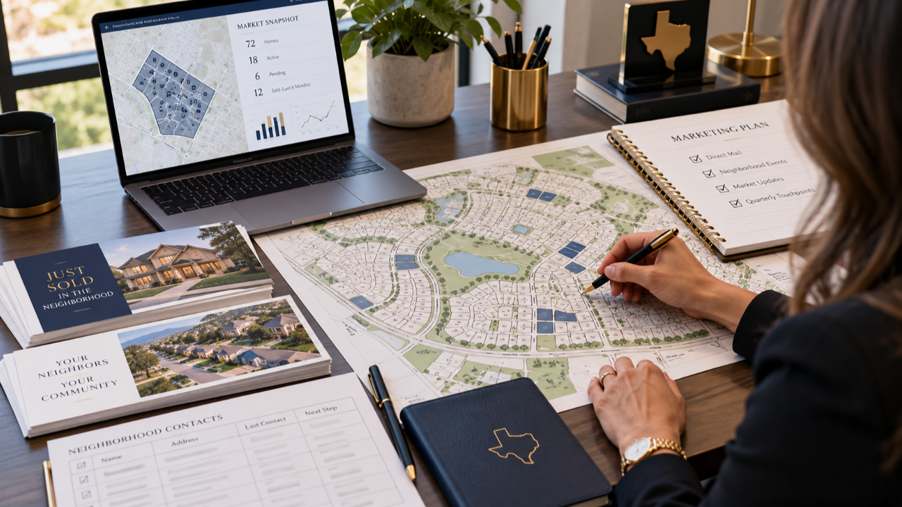 Texas real estate agent planning a geographic farming strategy with a neighborhood map, market data, marketing plan, and lead-generation materials.