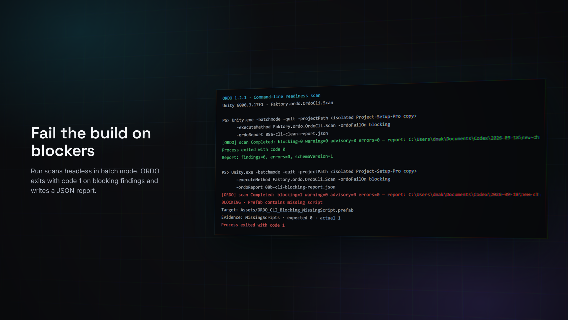 Fail the build on blockers: a terminal showing the ORDO command-line scan exiting with code 0 on a clean project and code 1 on a Blocking finding