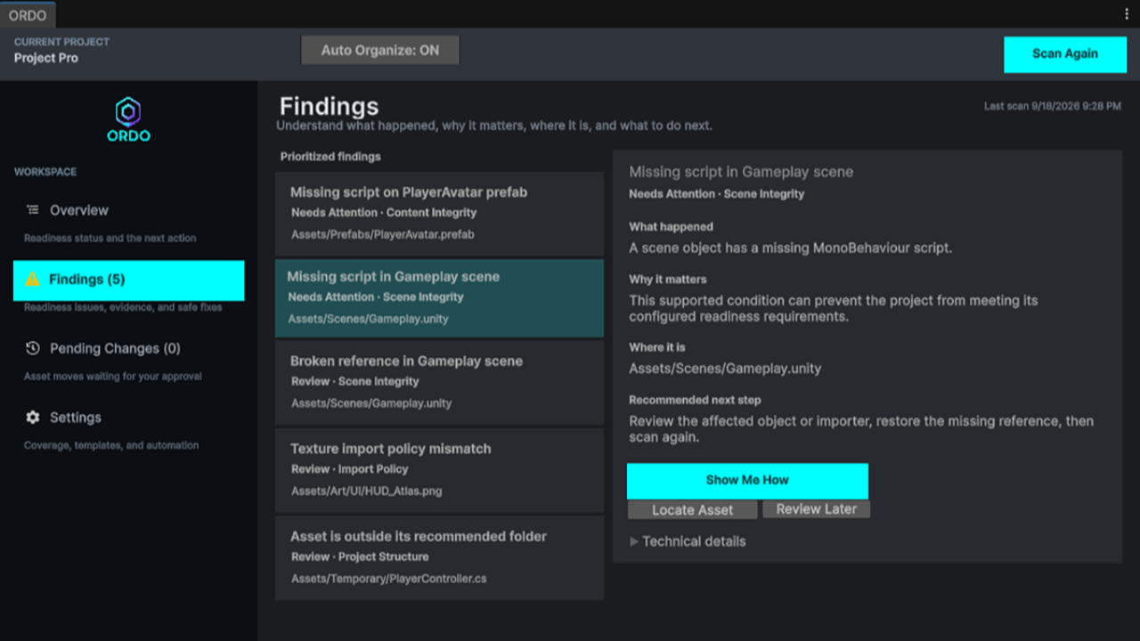 ORDO Scene Integrity findings for missing scripts and references in scenes