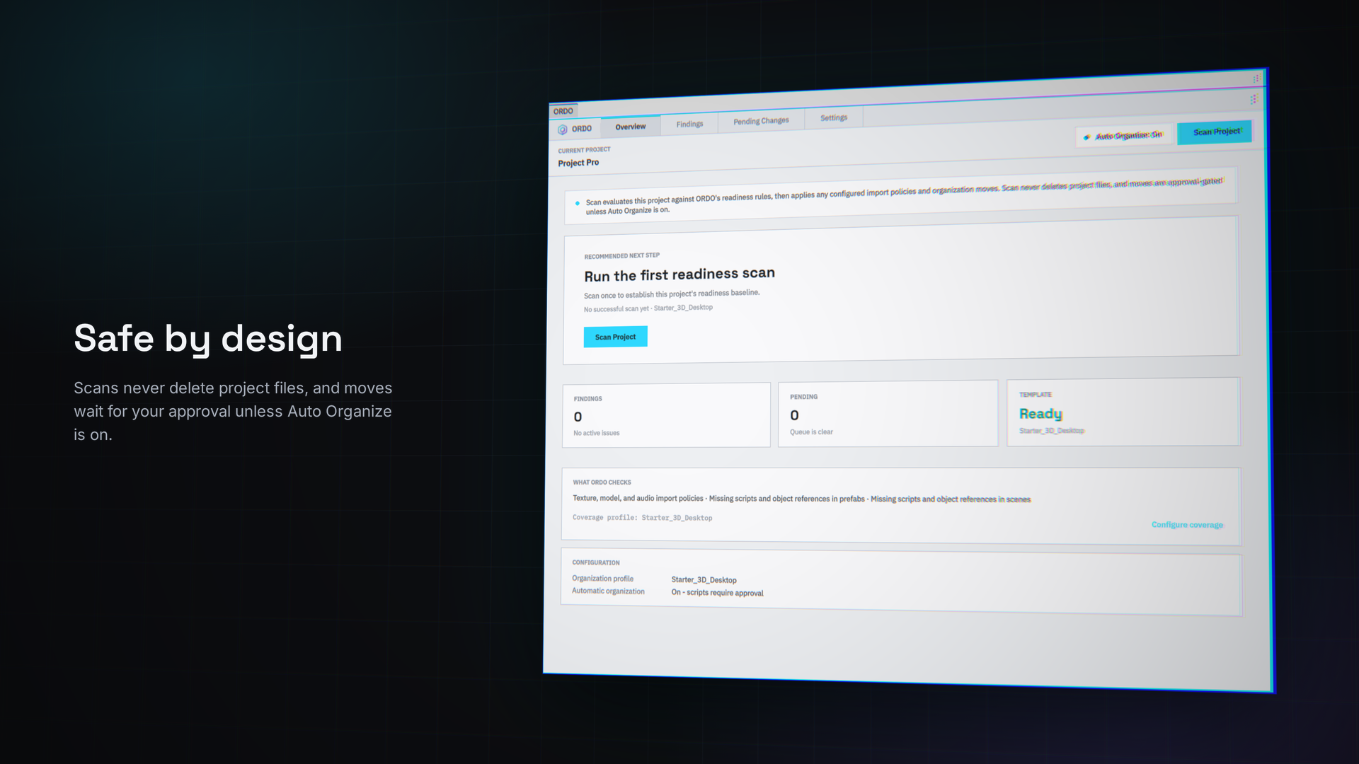 Safe by design: the ORDO Overview tab explaining that scans never delete project files and moves are approval-gated