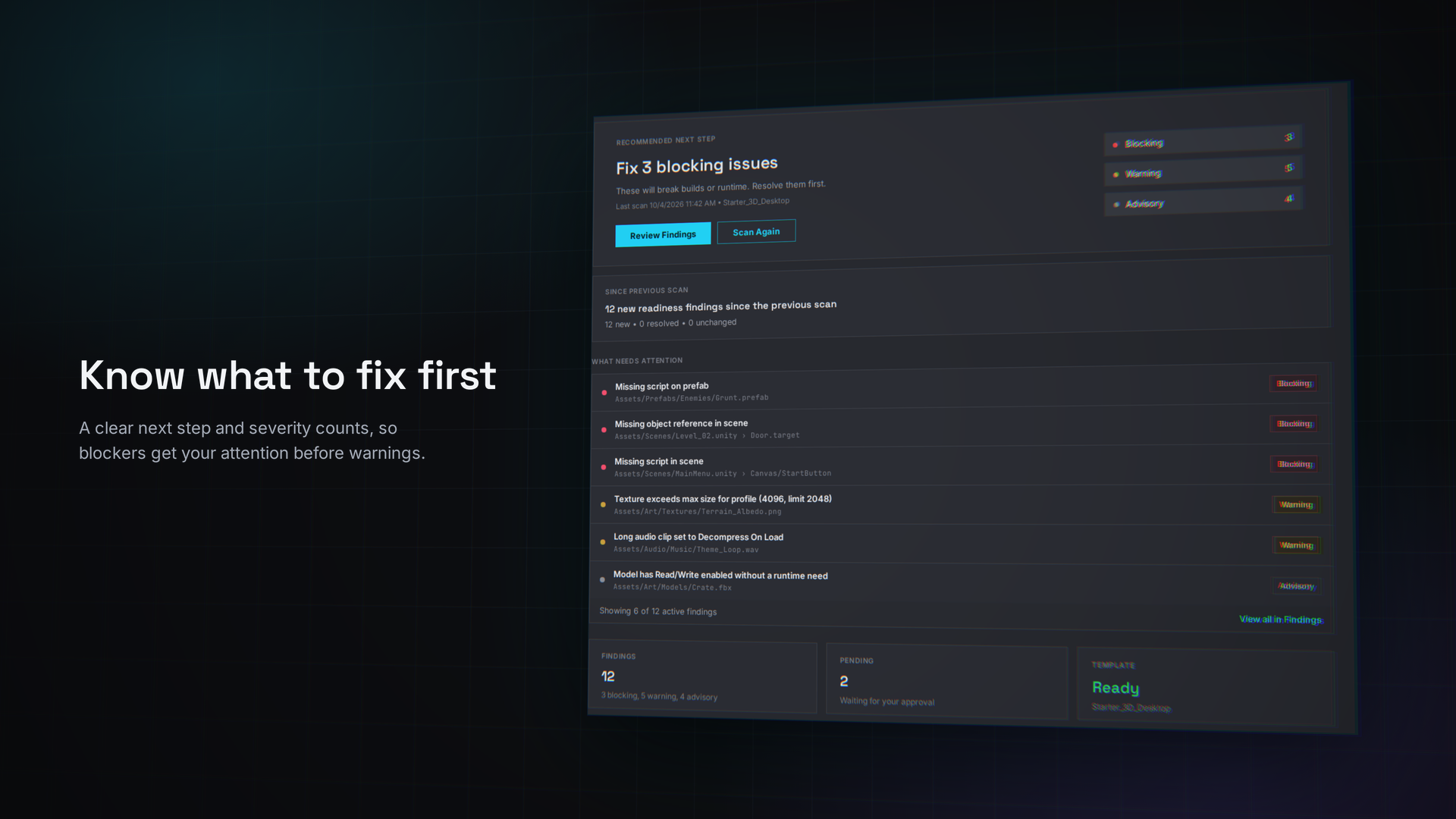 Know what to fix first: the ORDO Overview tab with a recommended next step and Blocking, Warning, and Advisory counts