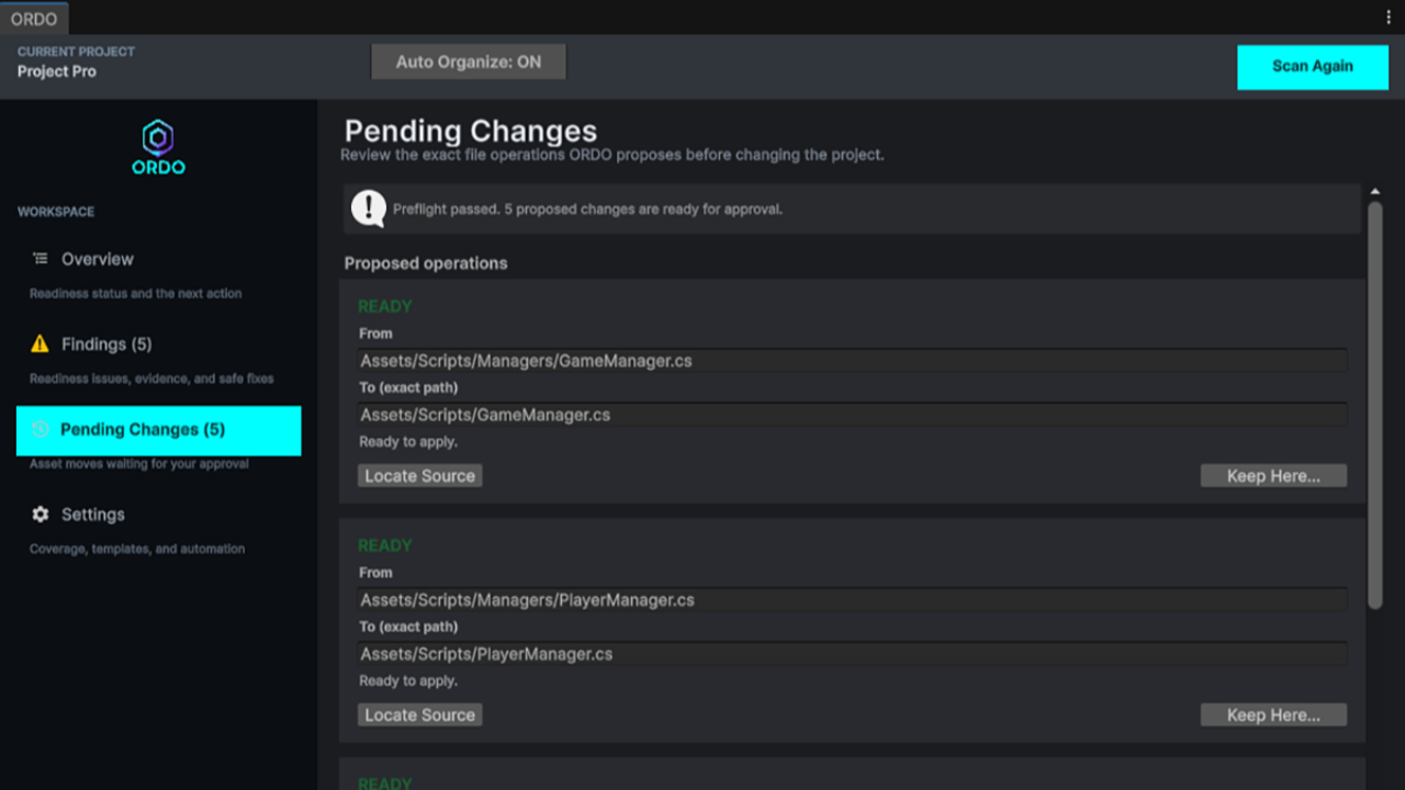 ORDO Pending Changes with queued asset moves awaiting approval