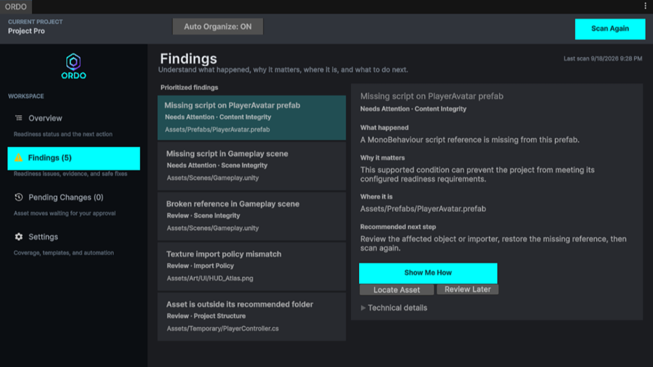 ORDO Findings view listing Blocking and Warning issues