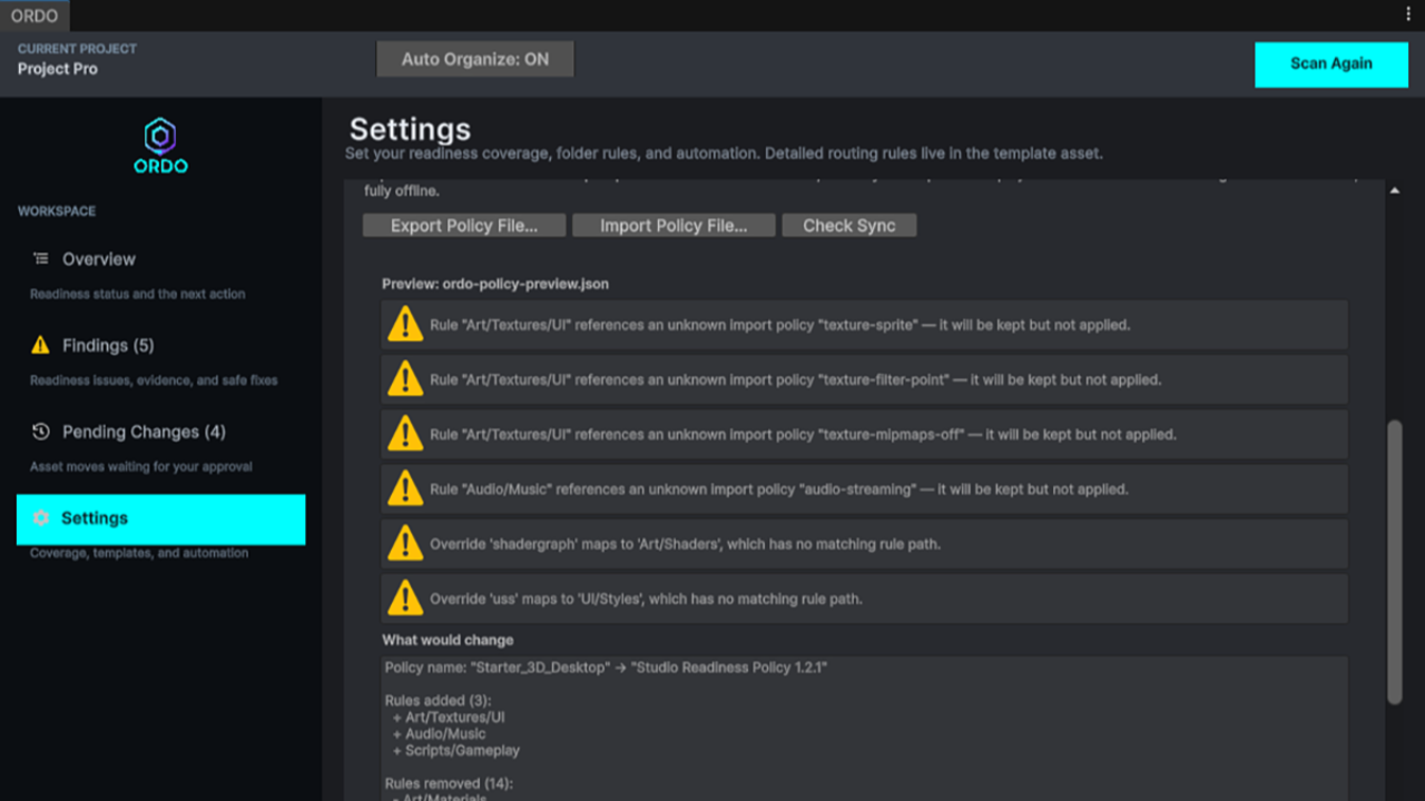 ORDO shareable policy import preview showing rules added, removed, and modified