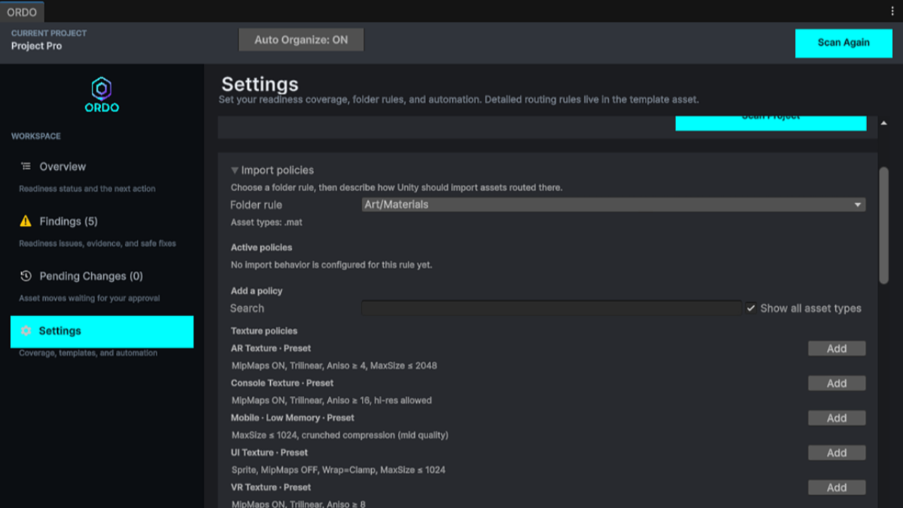 ORDO Settings import policy editor for a folder rule