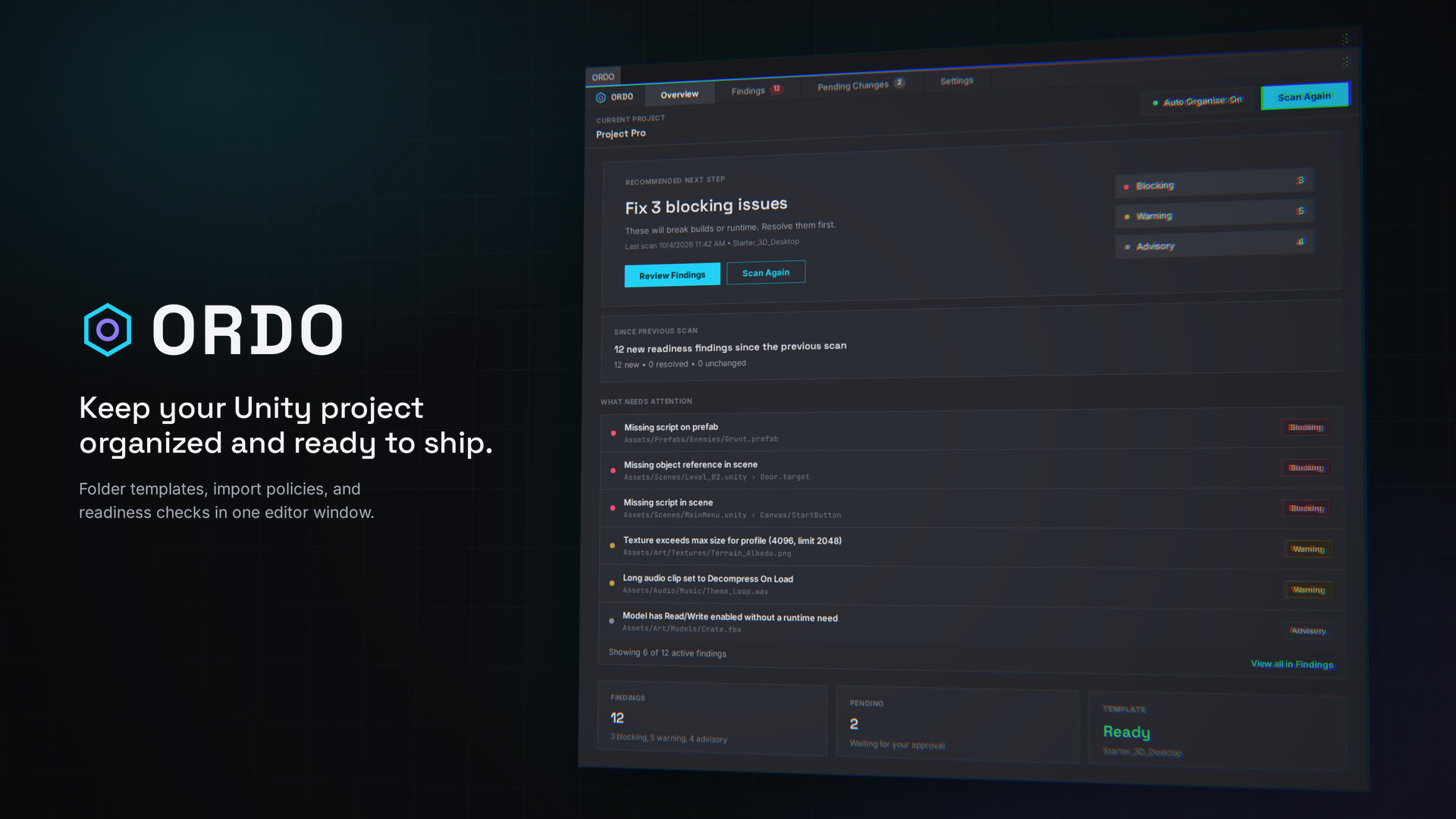 ORDO for Unity: keep your Unity project organized and ready to ship. The ORDO Overview tab lists missing scripts, broken references, and import-setting findings by severity.