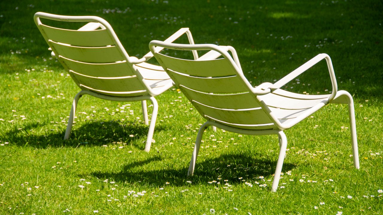 Two empty chairs facing each other on sunlit grass