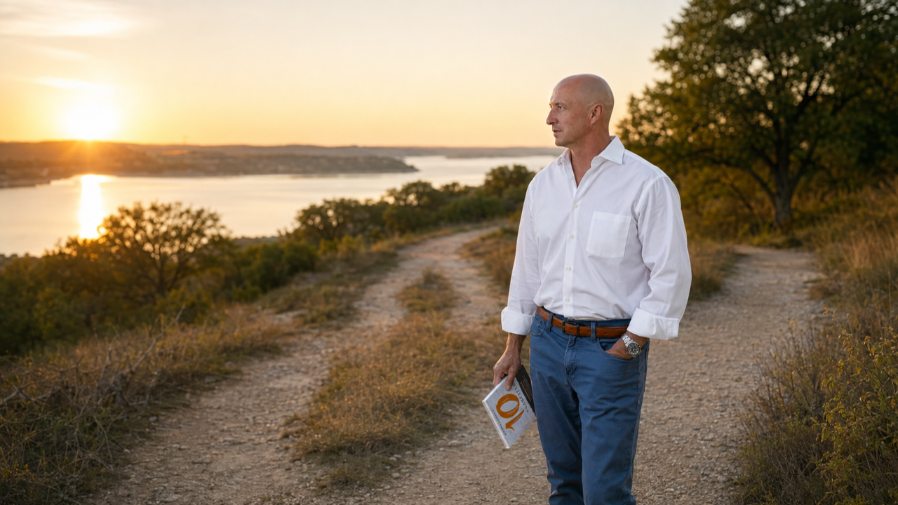 Craig Zuber holding The 10-Year Letter book on a trail overlooking a lake at sunset.