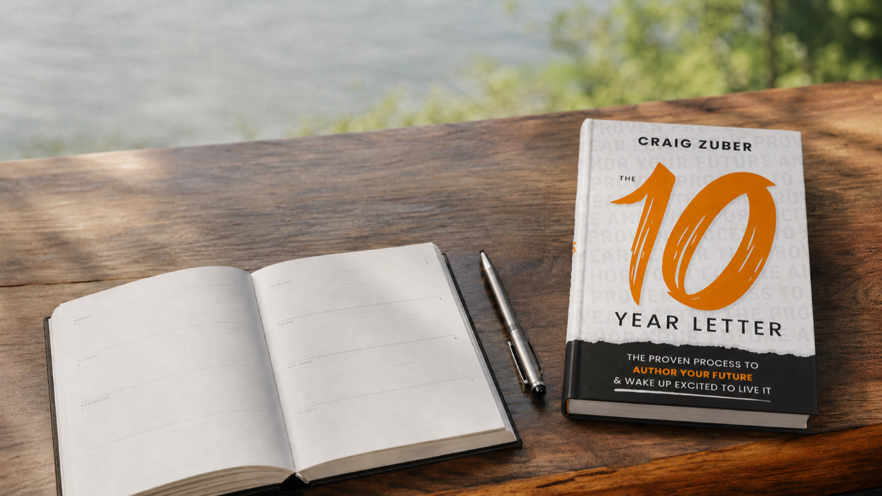 Open calendar beside The 10-Year Letter book and a pen on a wooden table.