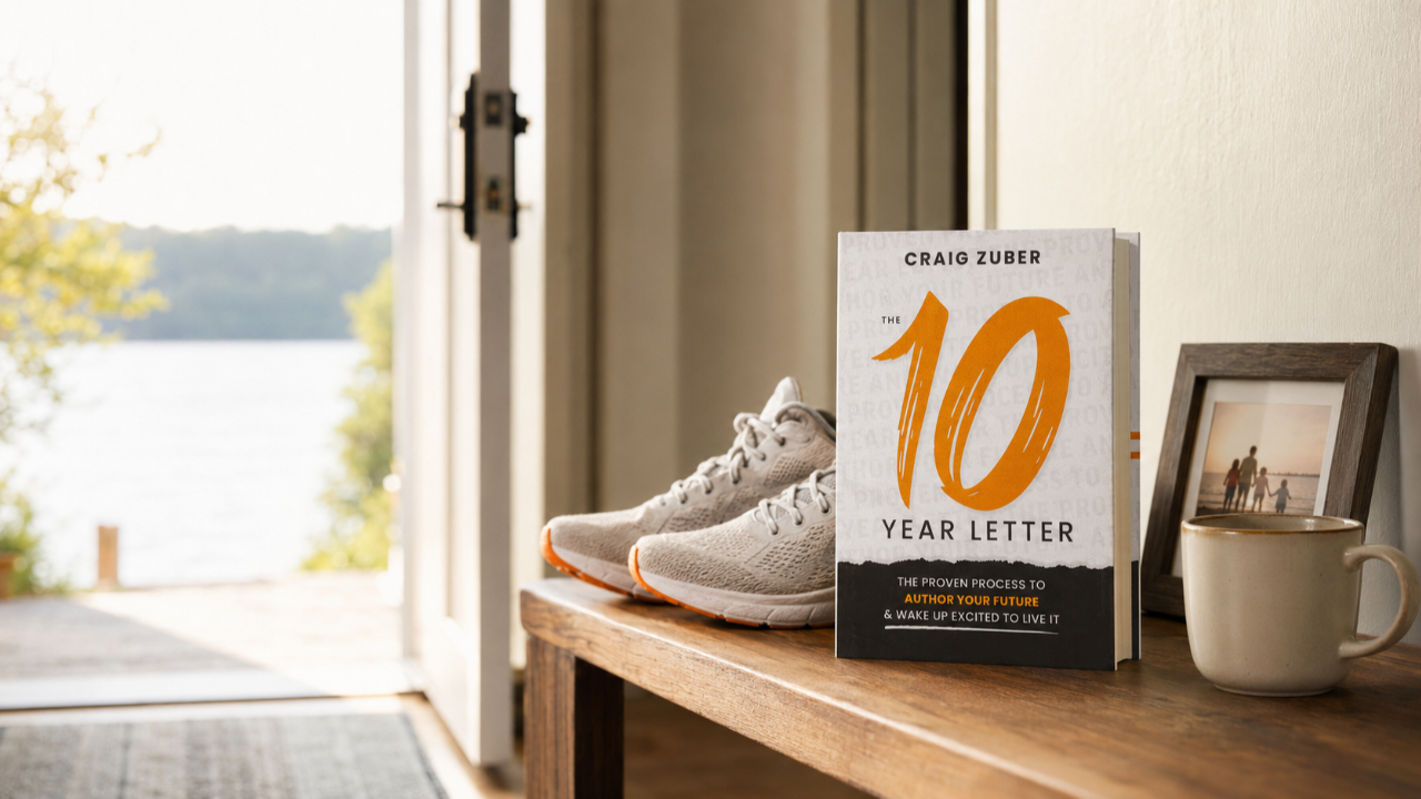 The 10-Year Letter book on a table beside running shoes and a family photo, with a view of the water beyond.