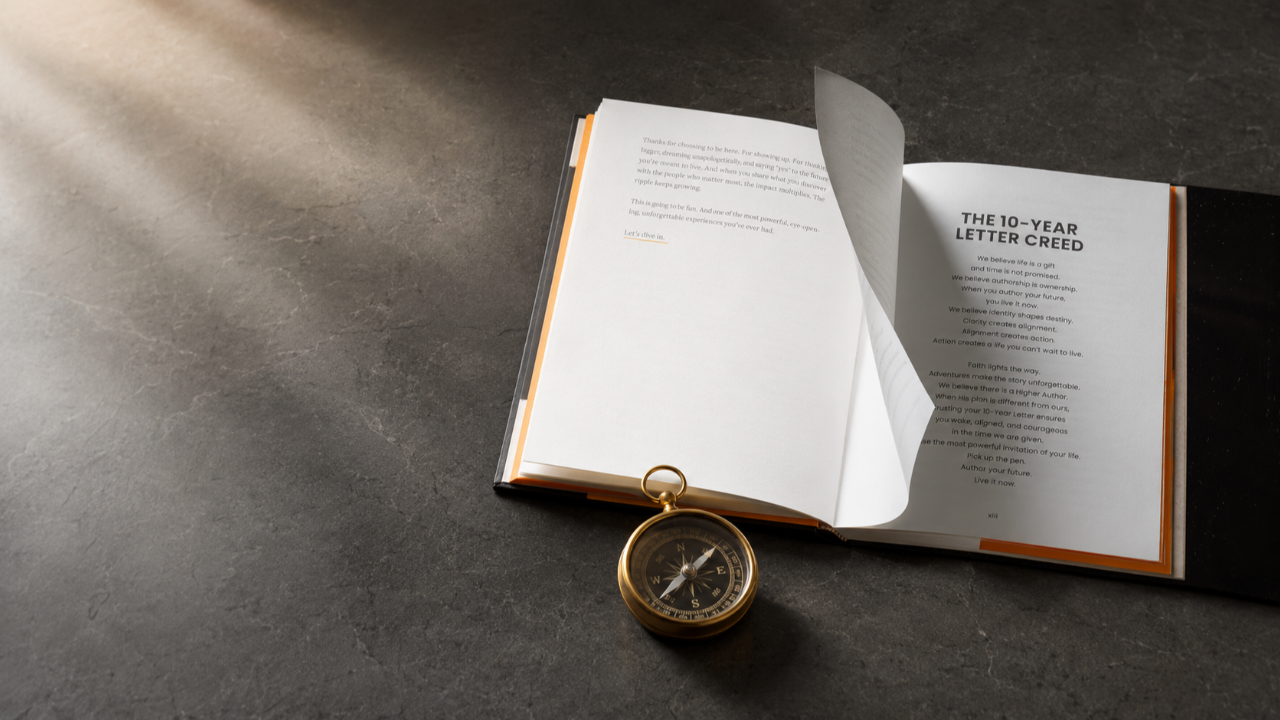 The 10-Year Letter book open to its creed beside a compass on a dark surface.
