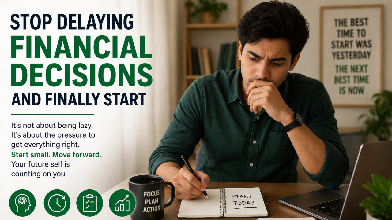 A focused young man sitting at a desk planning his finances, writing in a notebook beside a laptop and financial notes, representing delayed financial decisions and taking the first step toward better money management.