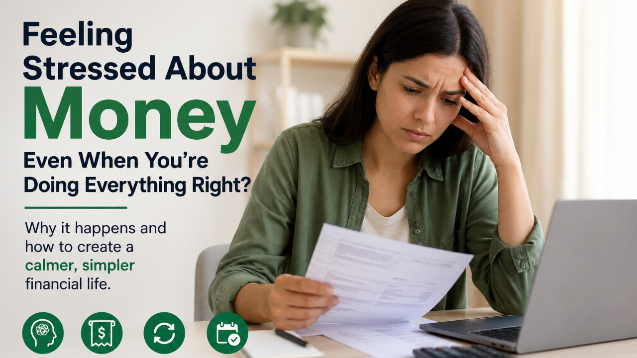 A stressed young woman sitting at a desk reviewing bills and financial documents, representing money stress and financial pressure despite managing finances responsibly.