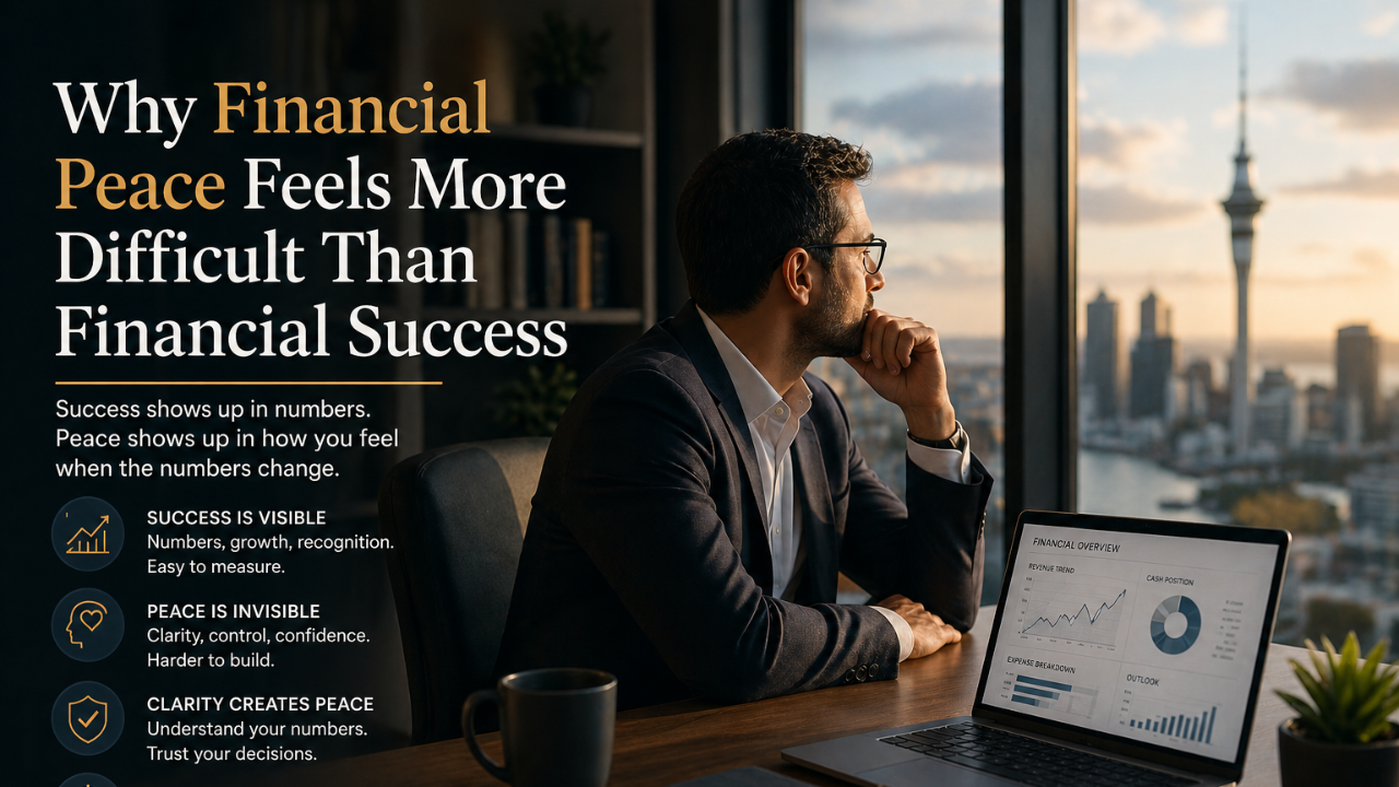 Business leader reflecting on financial peace, financial success, and long-term financial clarity in a modern office