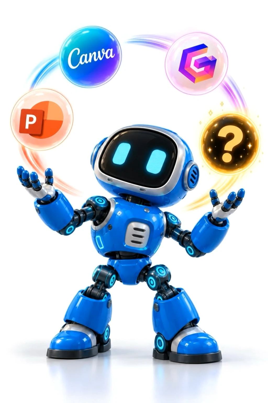 A small blue robot juggling the logos of Canva, PowerPoint and Gamma and a glowing question mark