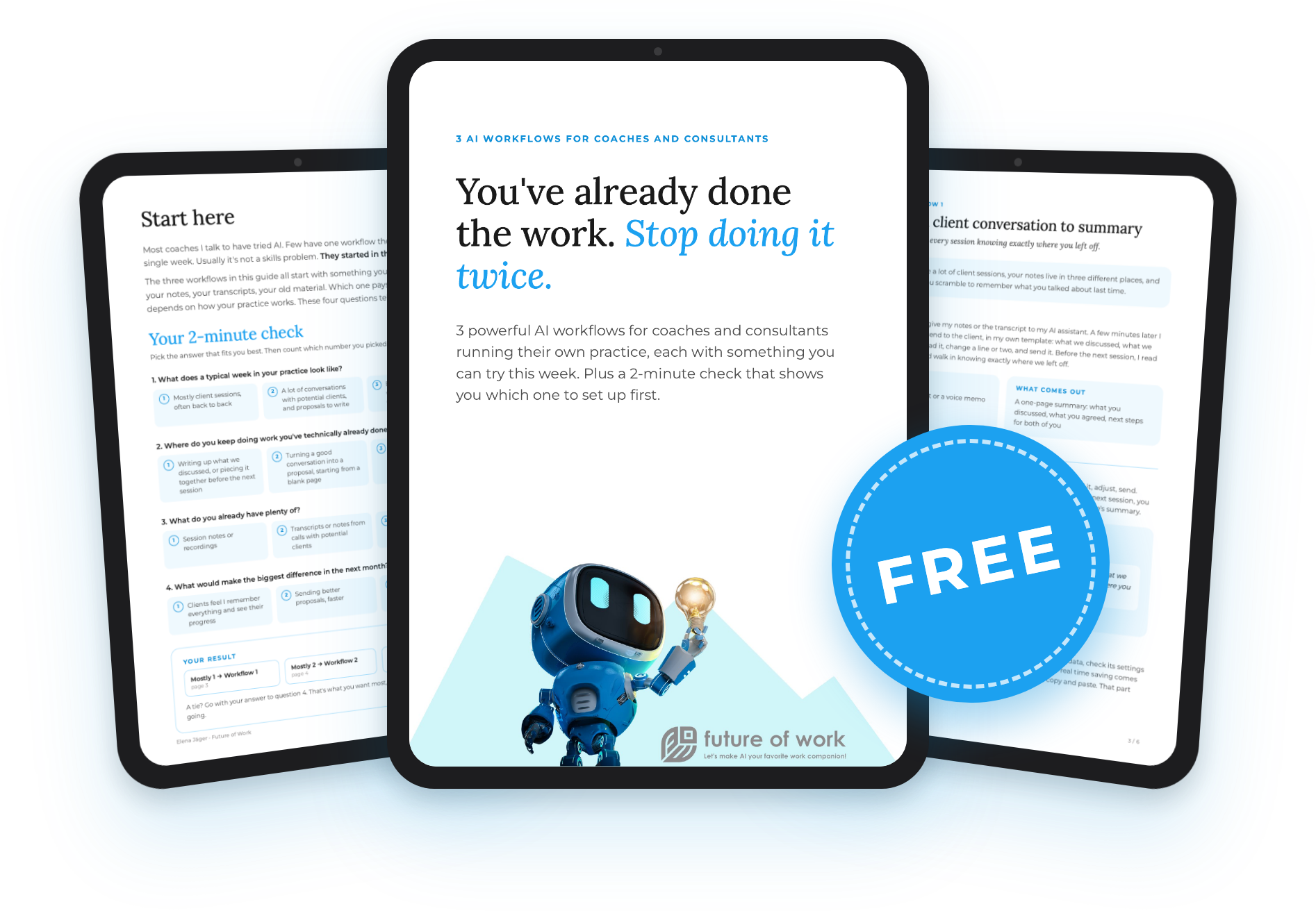 The free guide 3 AI workflows on a tablet and a phone