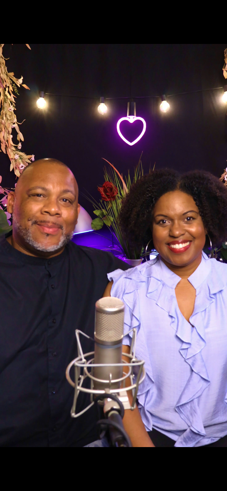 Debra and Jabari Steward smiling together during a Keeping It Lit recording
