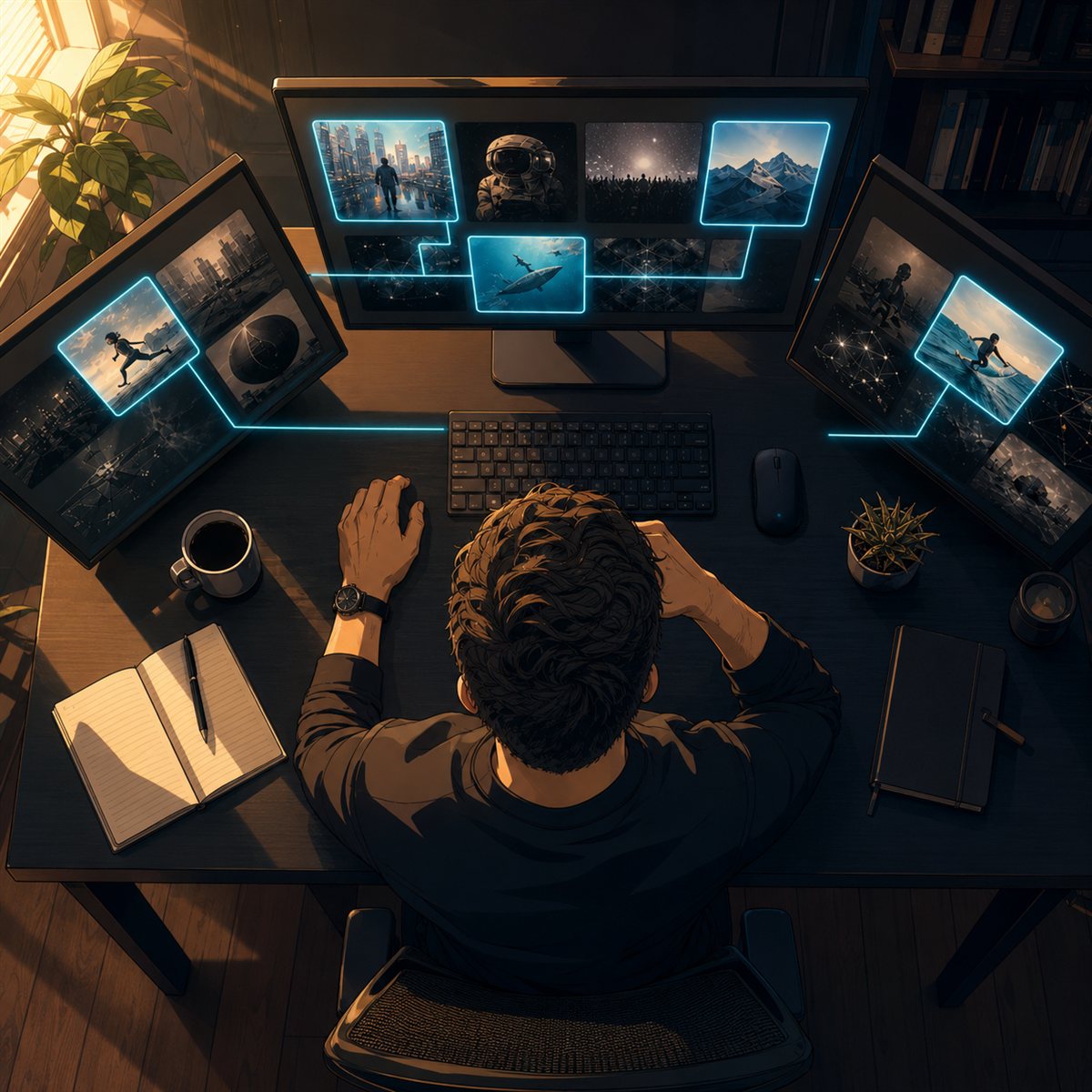 Illustrated overhead view of a creative workstation with three connected screens