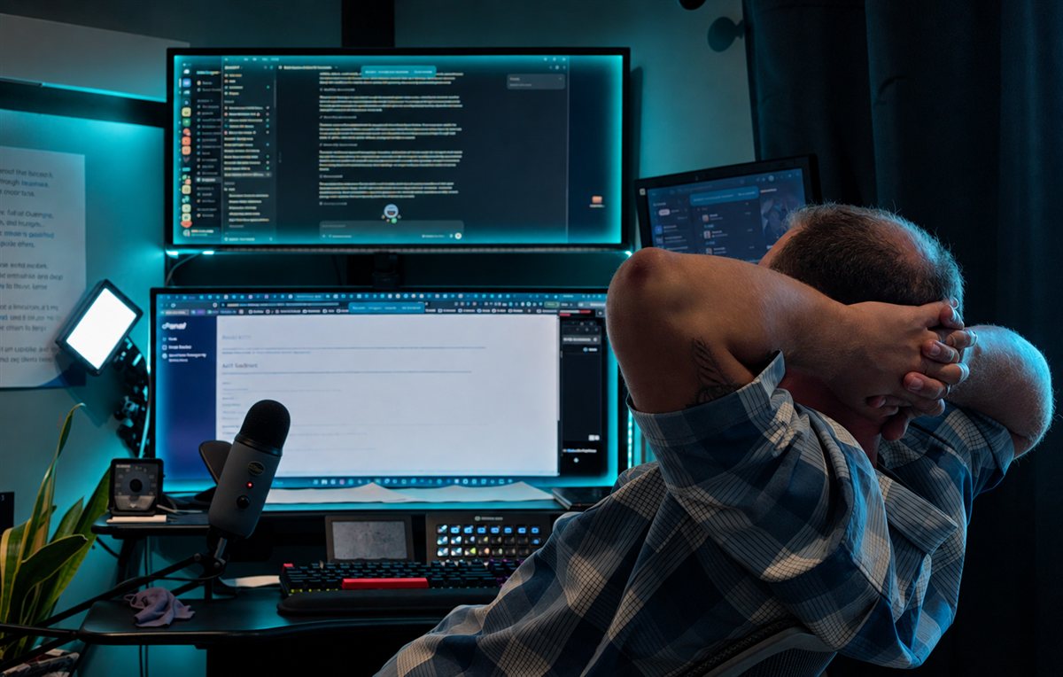 Joshua Hale leaning back at a teal-lit multi-monitor workstation