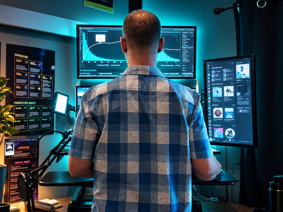 Joshua Hale standing at his multi-monitor workstation