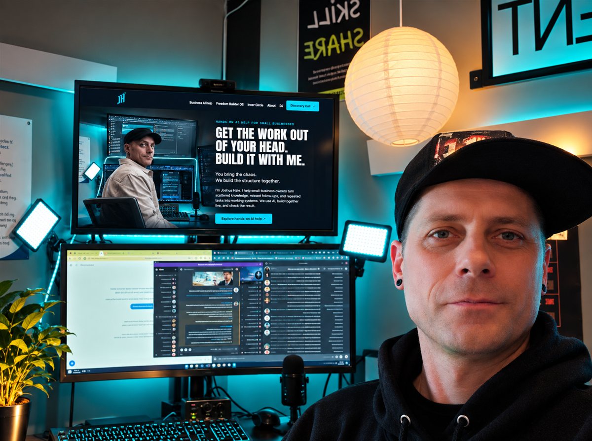 Joshua Hale in a black cap beside his cyan-lit workstation