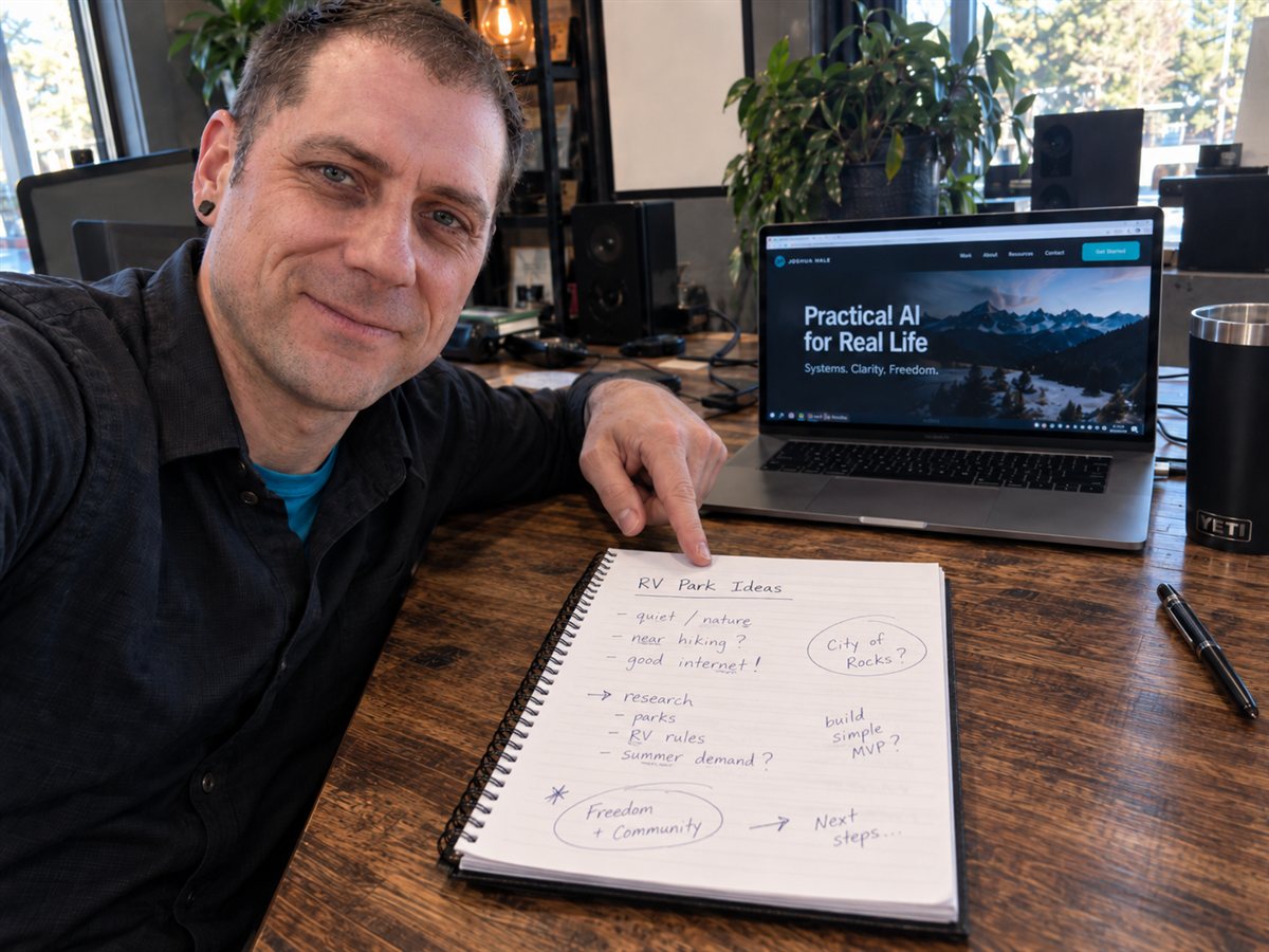 Joshua Hale at a desk with a planning notebook and laptop