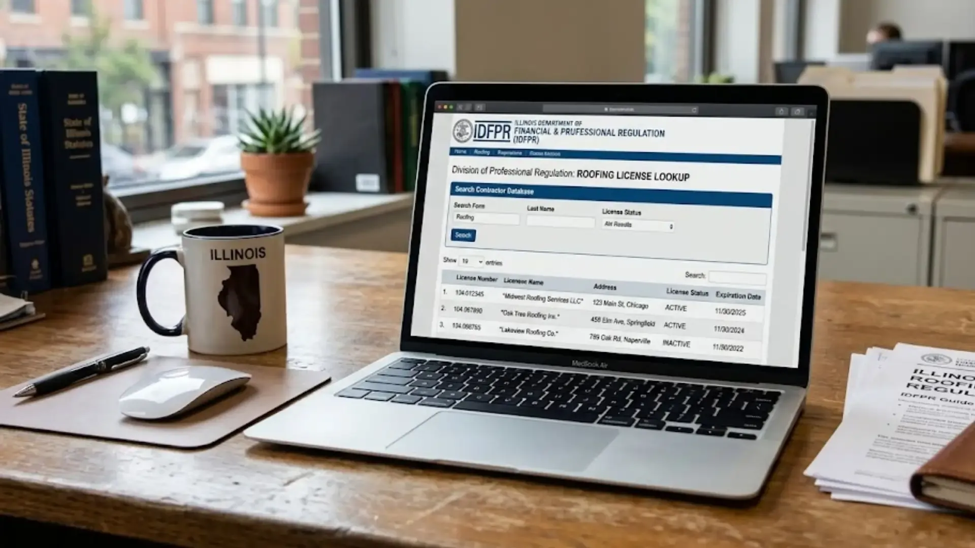 A laptop with the illinois roofing license lookup website open on a table