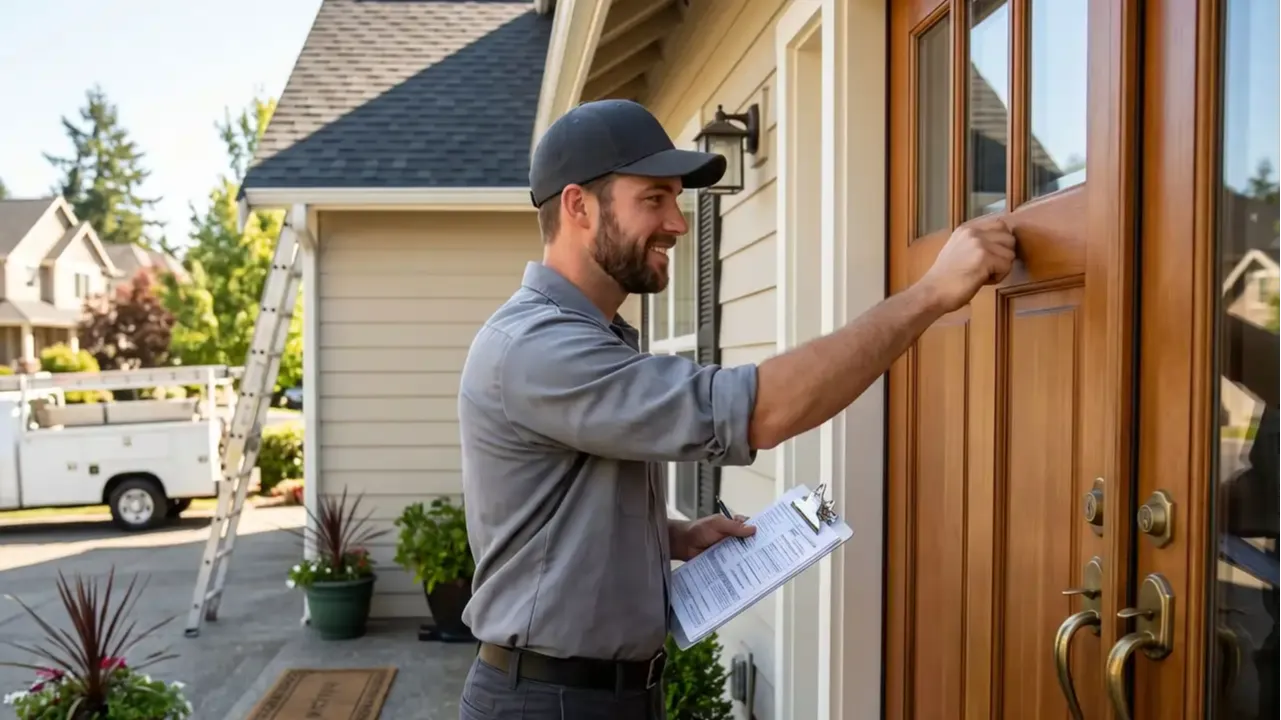 A roofer knocking on a door to pitch a free roof inspection