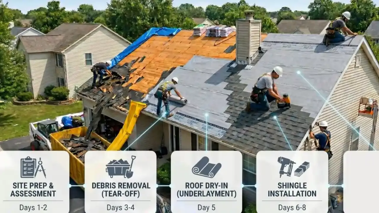 Roofers working on a roof while following a timeline
