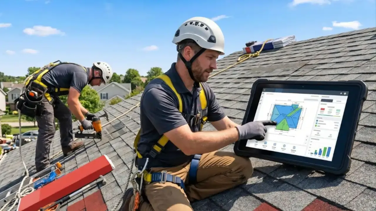 A contractor on a roof estimating roof size with a software