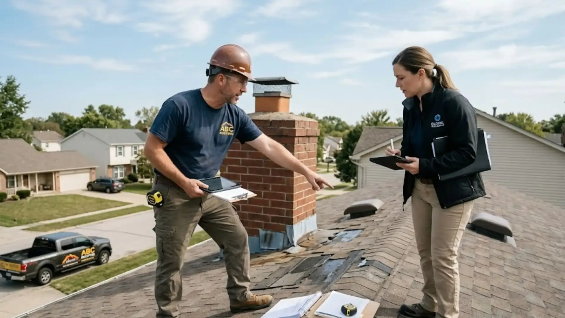A roofing contractor meeting an insurance adjuster
