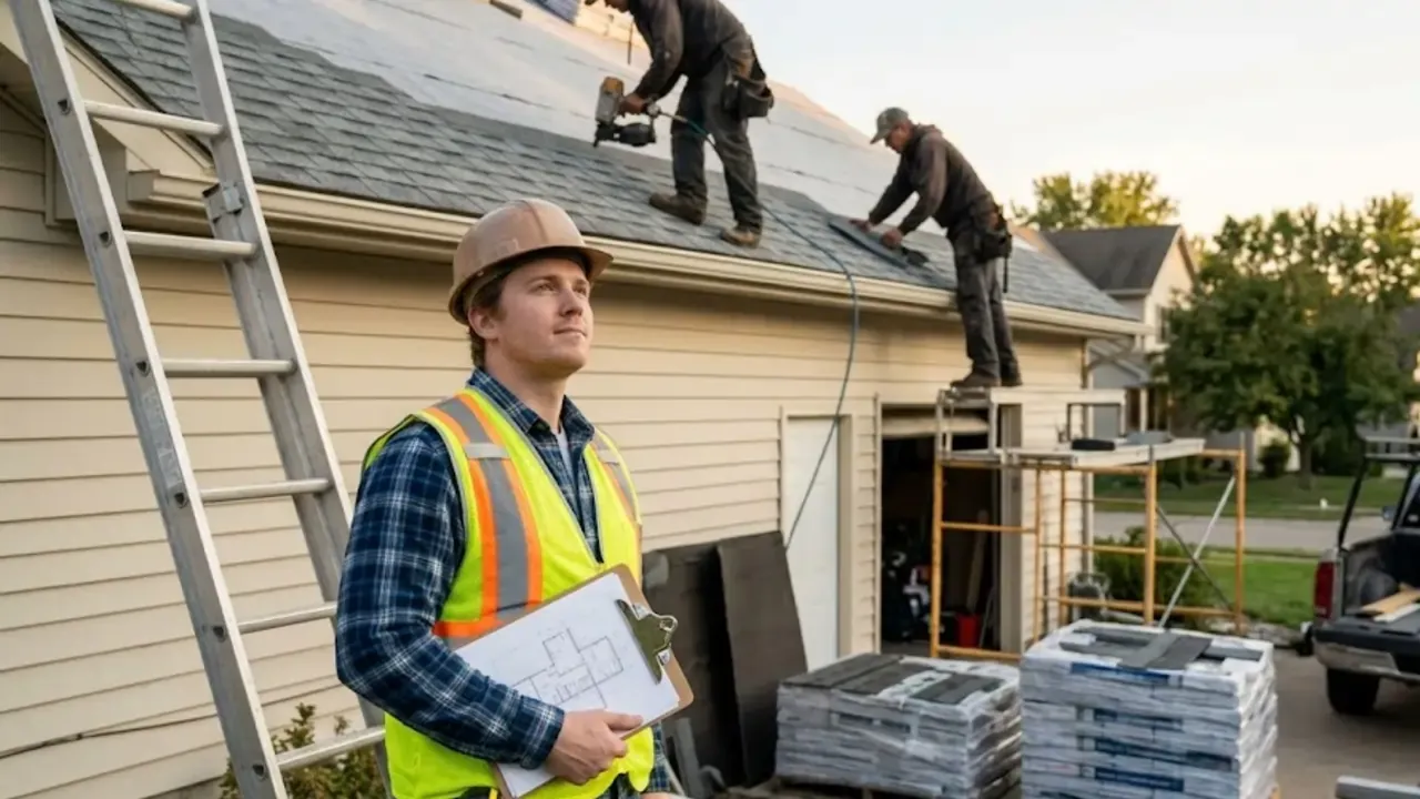 A roofing contractor with no experience standing in front of a under construction roof