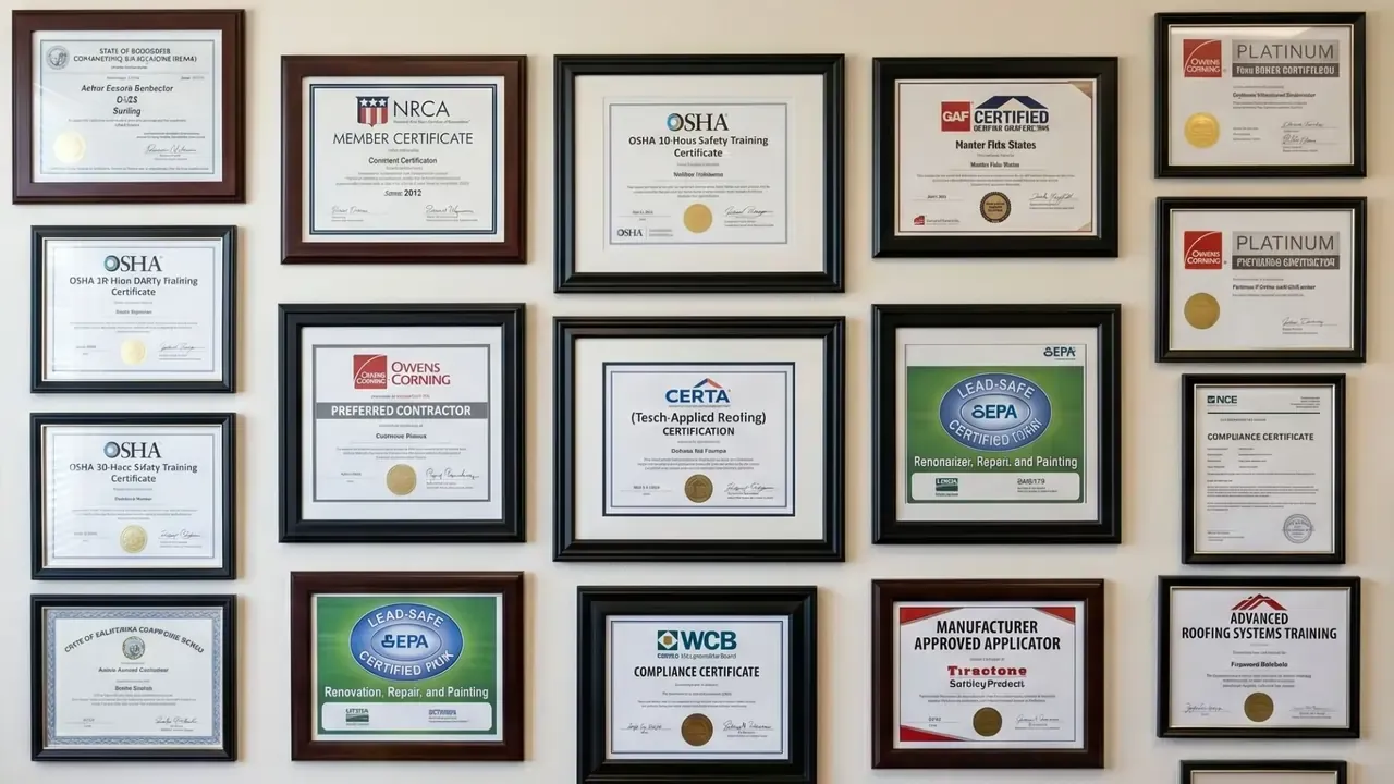 A plain wall filled with multiple roofing certifications