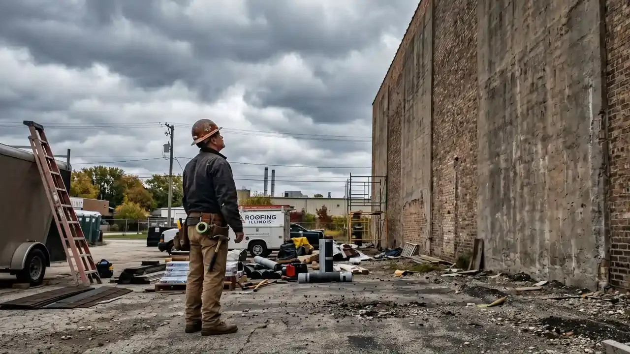 a roofer staring up at a giant imposing wall