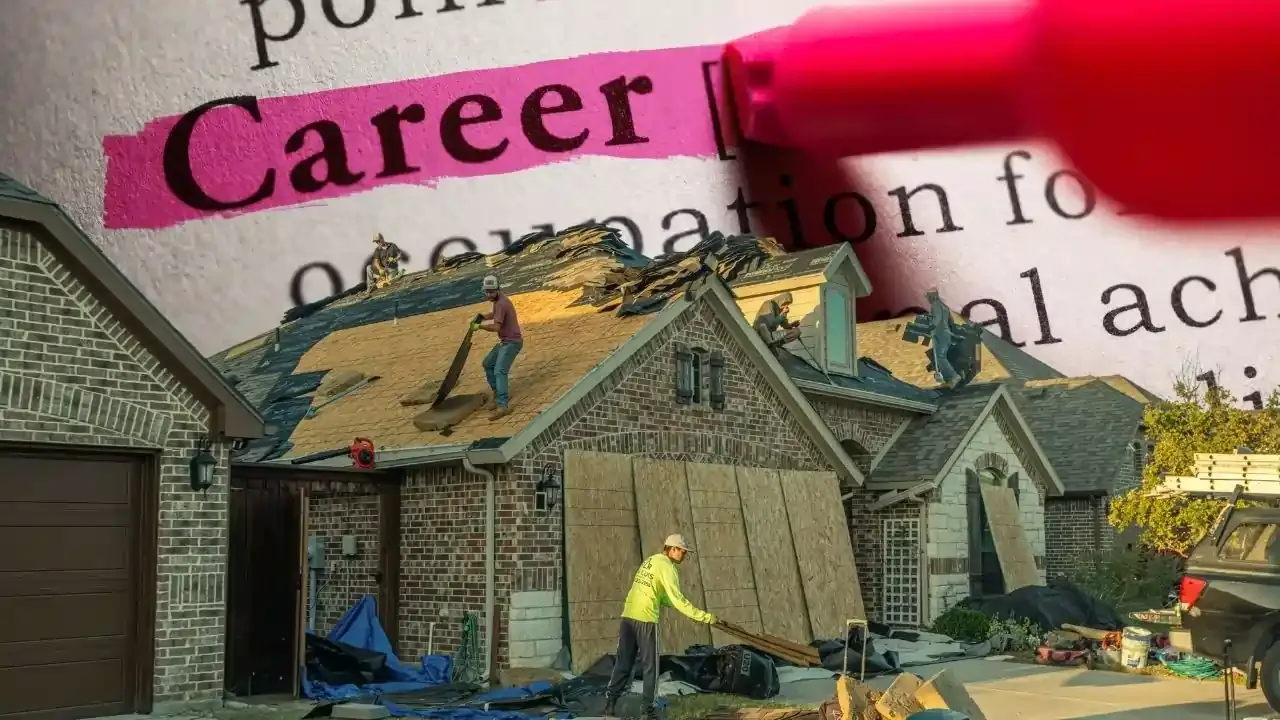 An exemplification of the roofing career with a giant marker highlighting the words career in the sky