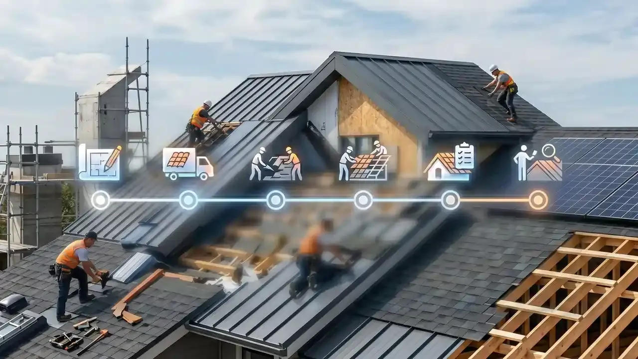 Roofers working on a roof while following a timeline