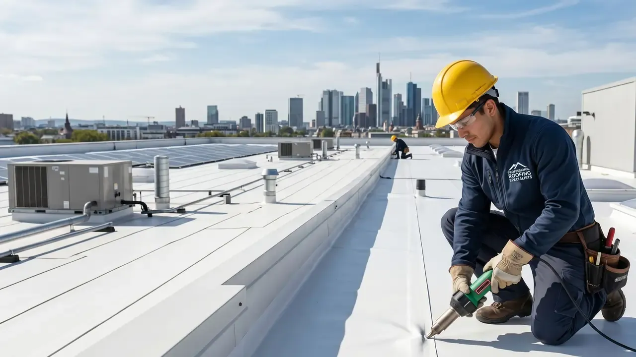 A commercial roofing specialist working on a roof