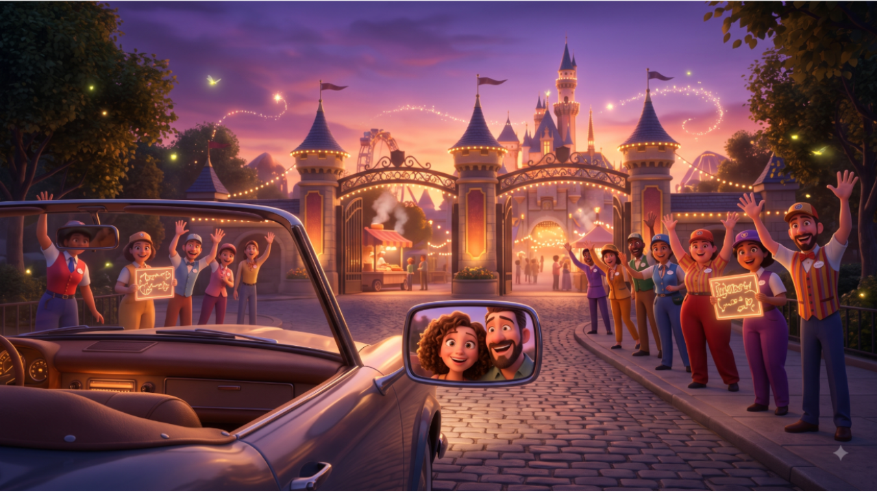 Disney cast members waving goodbye to guests leaving Magic Kingdom at night