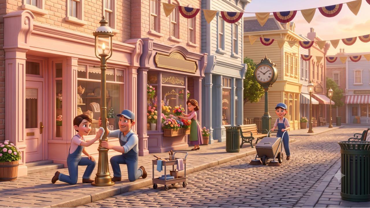 Disney cast members polishing a lamppost to uphold Main Street's Show standard