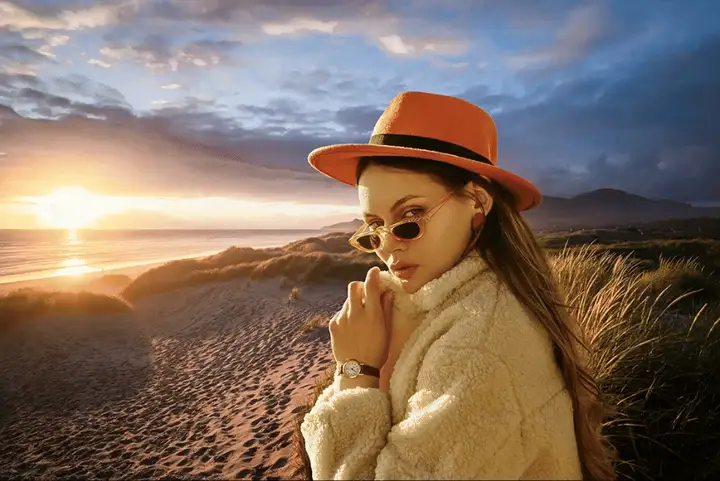 Before and after: a portrait matched to a sunset background