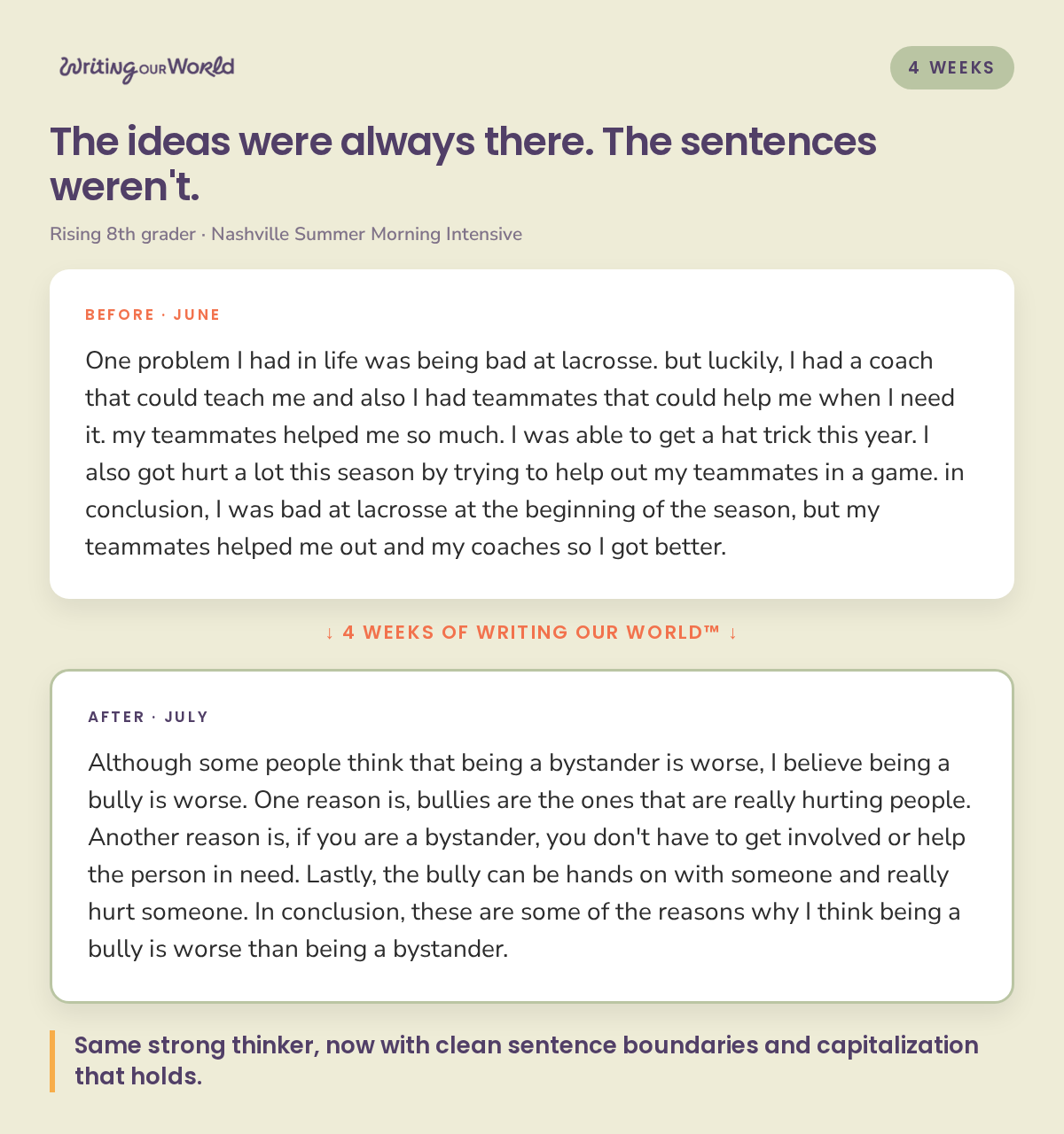 Before and after writing samples from a rising 8th grader showing improved capitalization and sentence boundaries