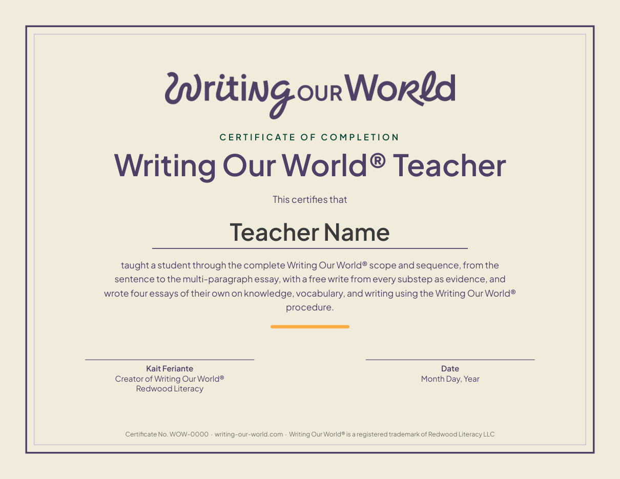 Writing Our World® Certificate of Completion