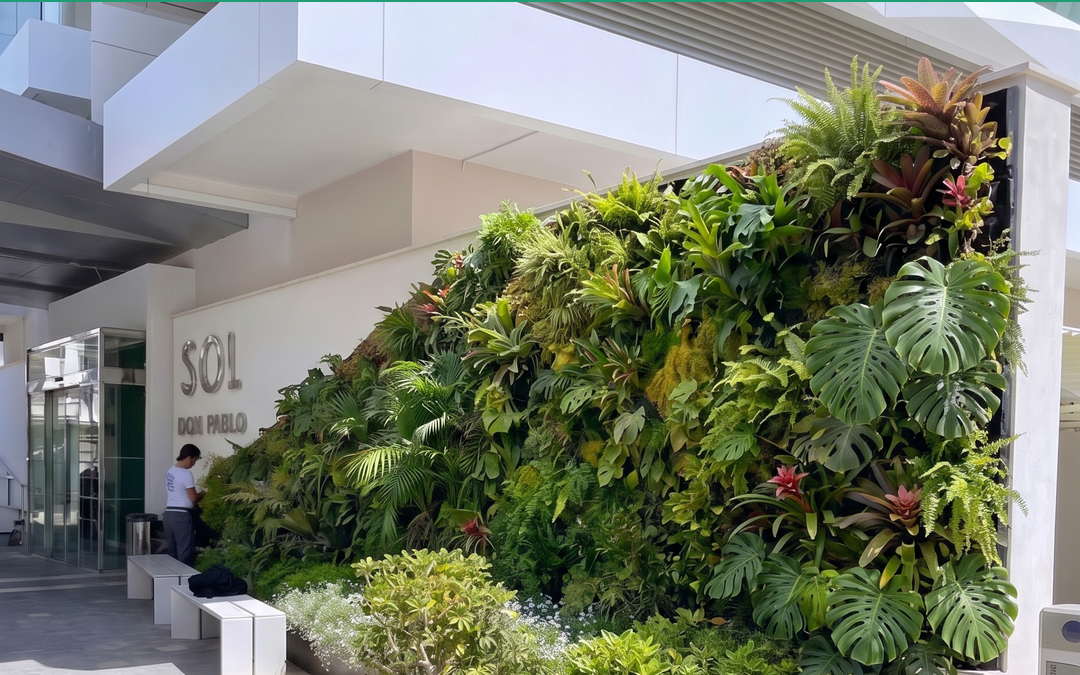 The same entrance with a dense living wall