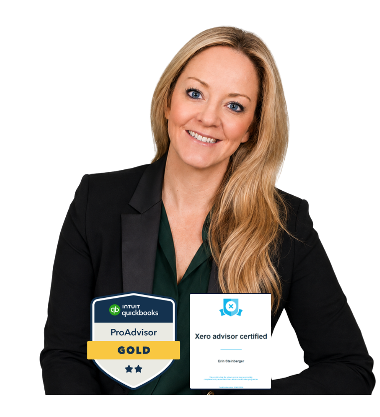 Erin, ProfessorEMoney®, holding her QuickBooks ProAdvisor Gold badge and Xero advisor certificate