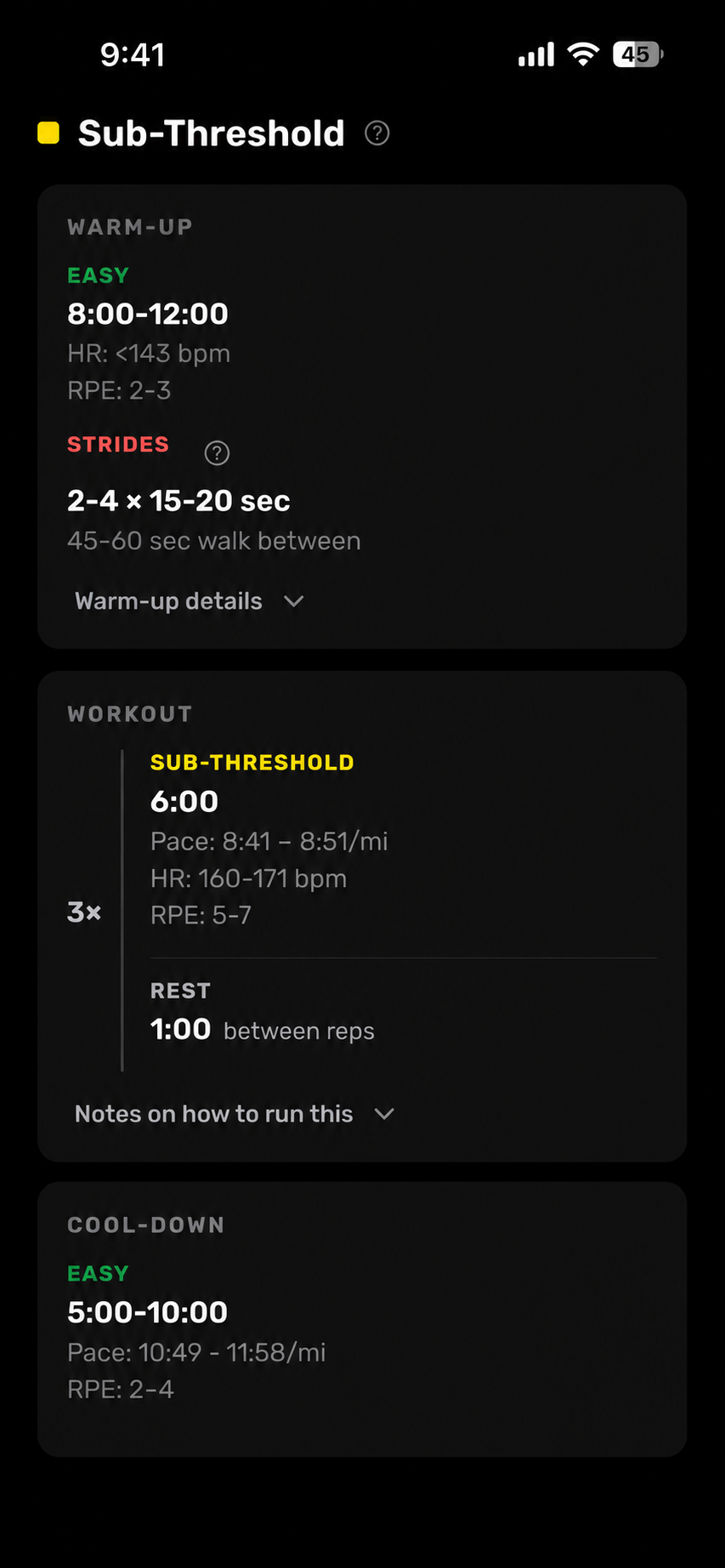 Example sub-threshold workout: 3 × 6 minutes, with a warm-up, recovery, and cool-down.