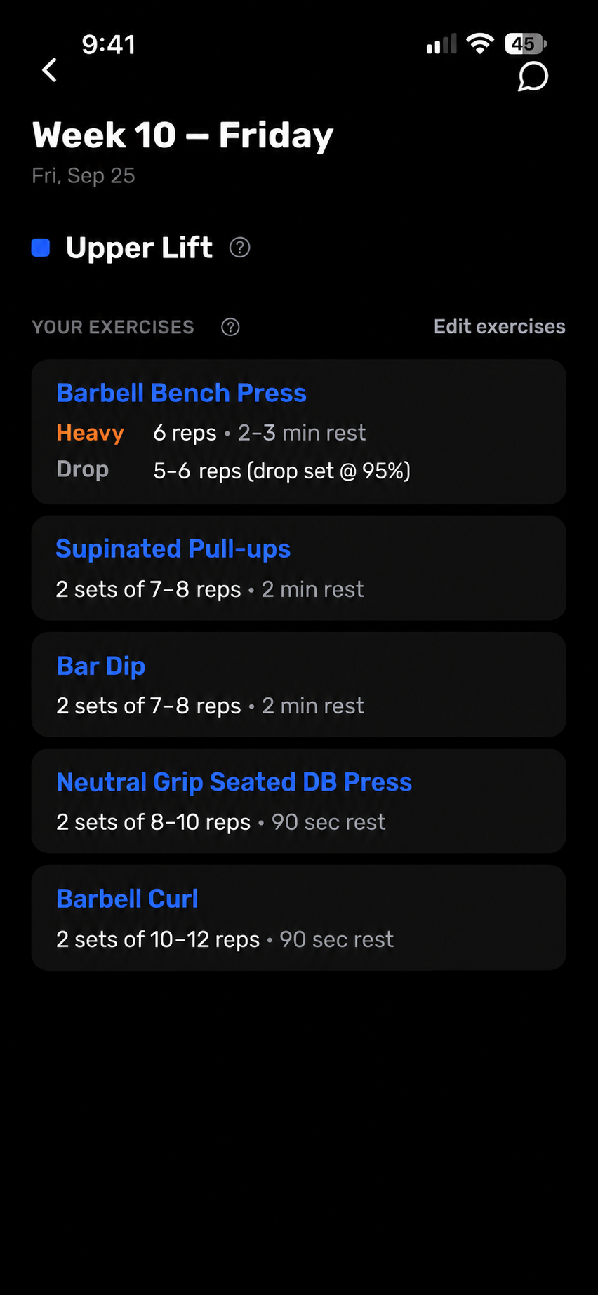 Max Strength example with heavy and drop sets on barbell bench press, followed by pull-ups, dips, dumbbell press, and barbell curls.