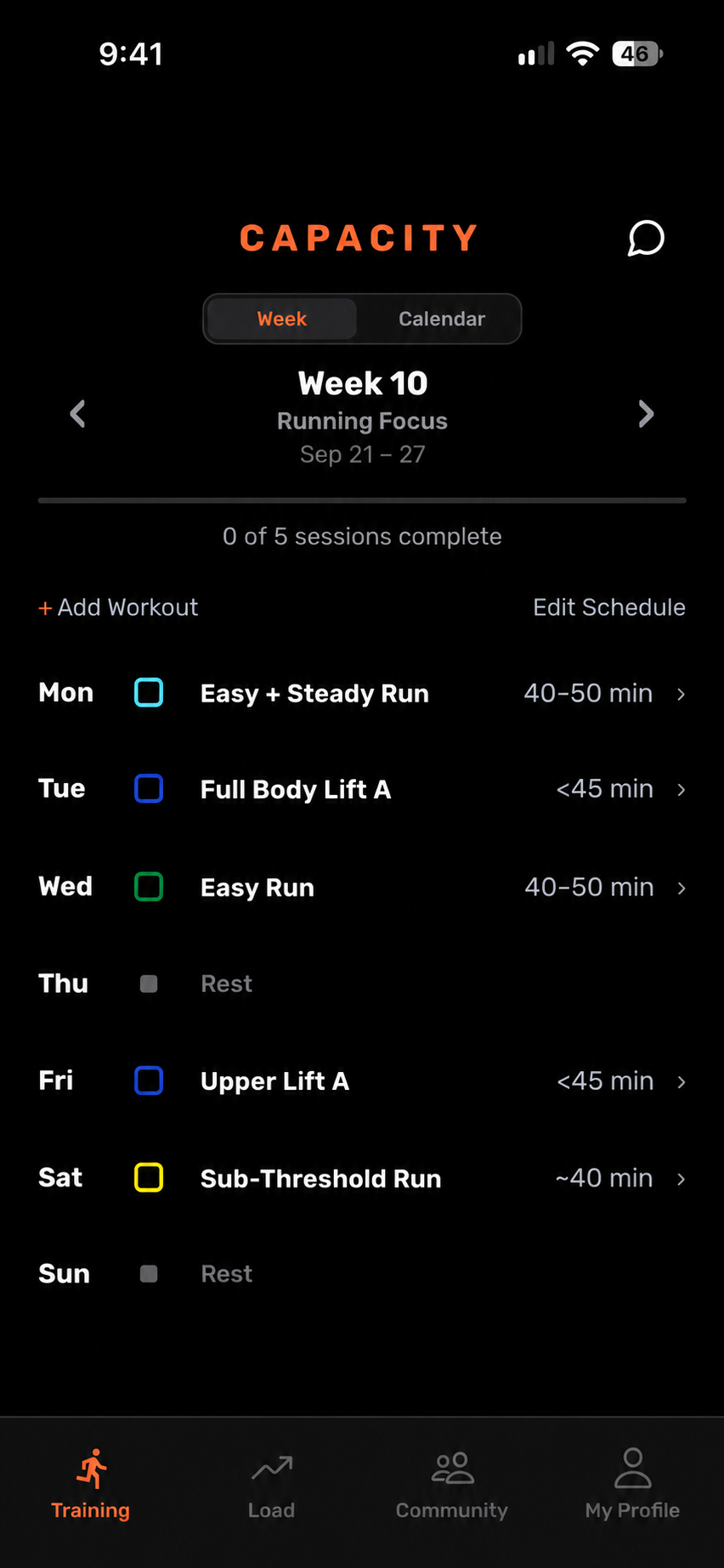 Capacity example week with 3 runs, 2 lifts, and 2 rest days.