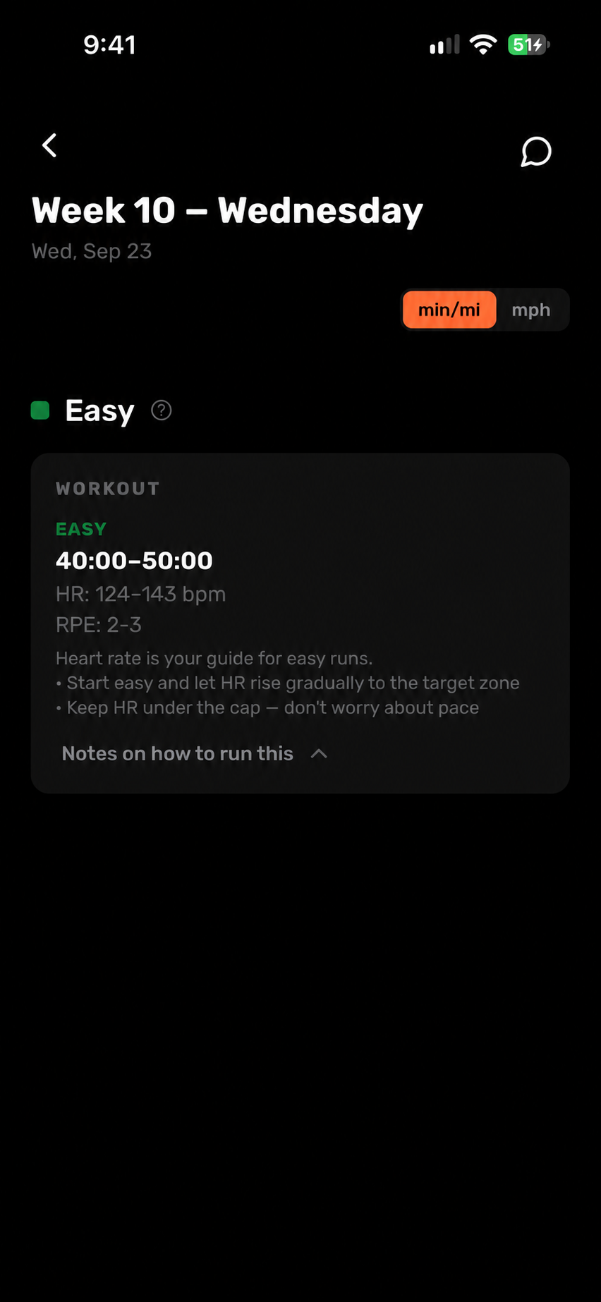 Easy run with expanded coaching notes on letting heart rate rise gradually and staying under the cap.