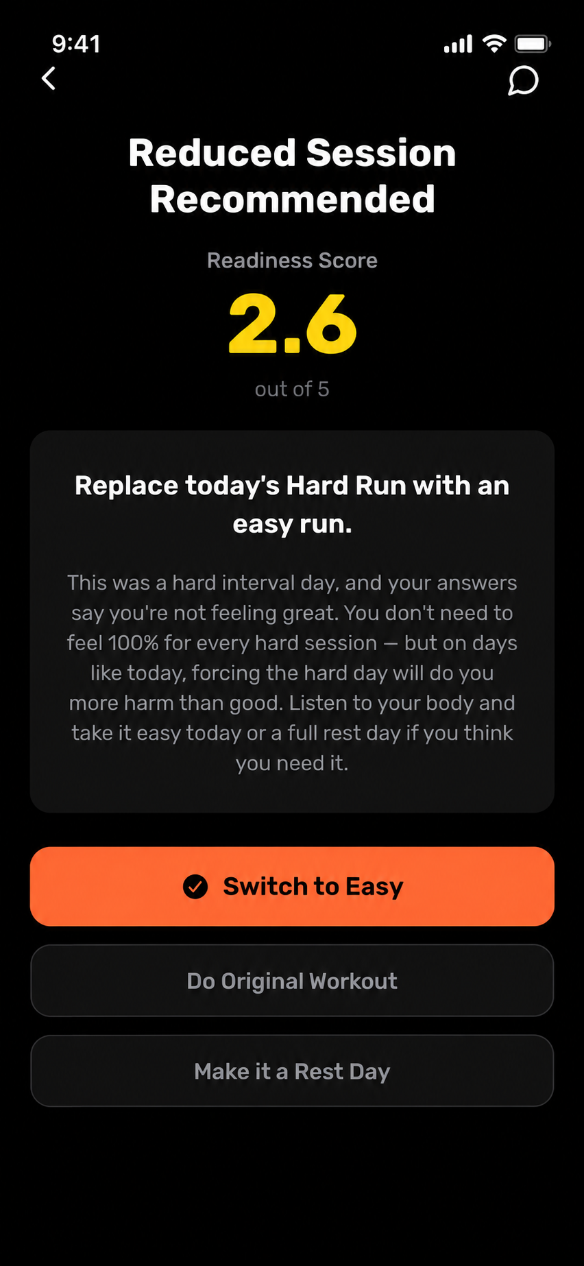 Example readiness score of 2.6 out of 5 with an easy-run recommendation and options to switch to easy, do the original workout, or take a rest day.