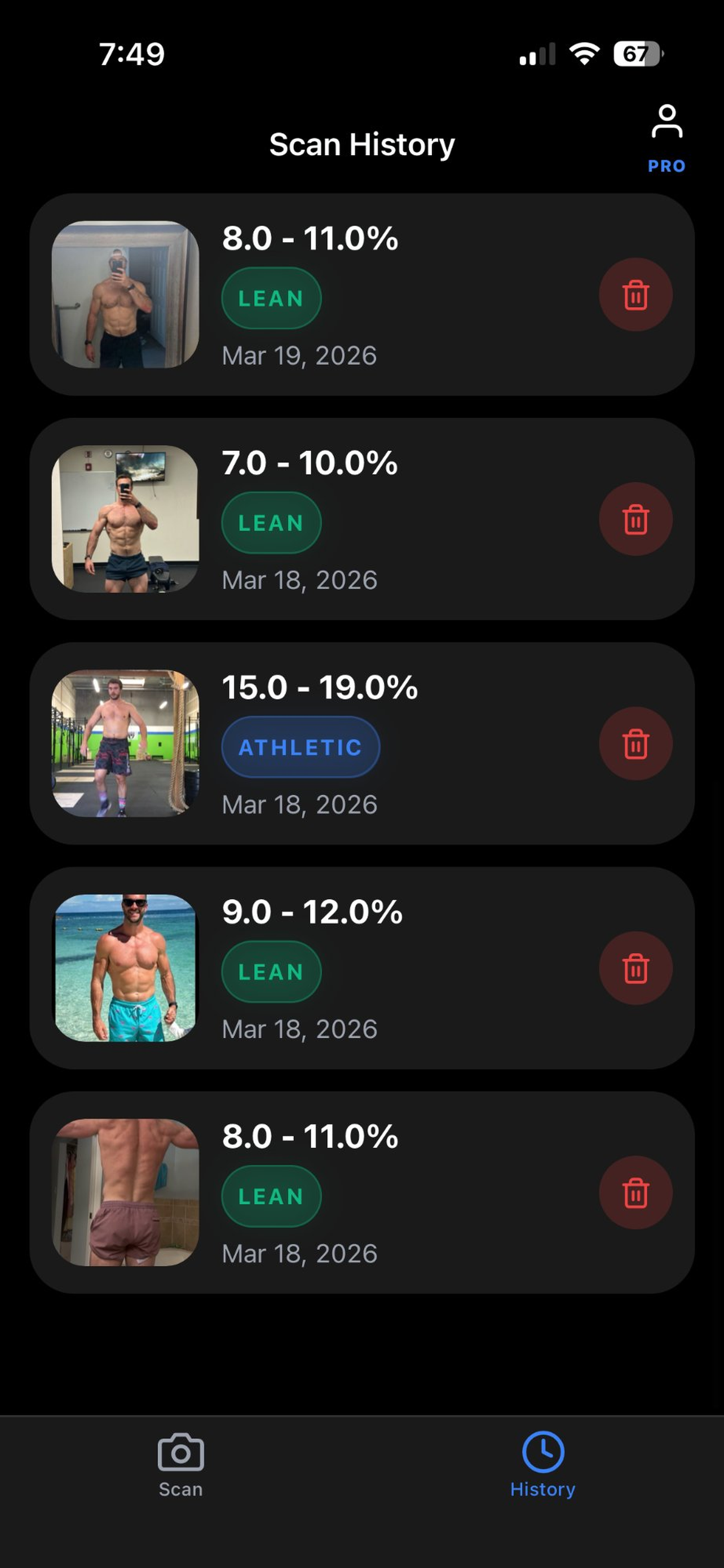Body Fat Scanner saved scan history with dates, estimates, and photo thumbnails.